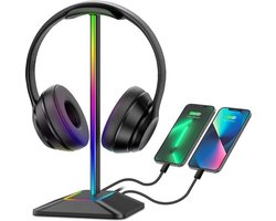 Intelectro Headset Stand - Schitterende Verlichting voor je Setup! - 2 USB Aansluitingen voor het Opladen van Apparaten - Plug & Play - Antislip Pads - TPU Rubberen Gedeelte om Krassen te Voorkomen - Zwart - Levering Sneller dan Aangegeven!