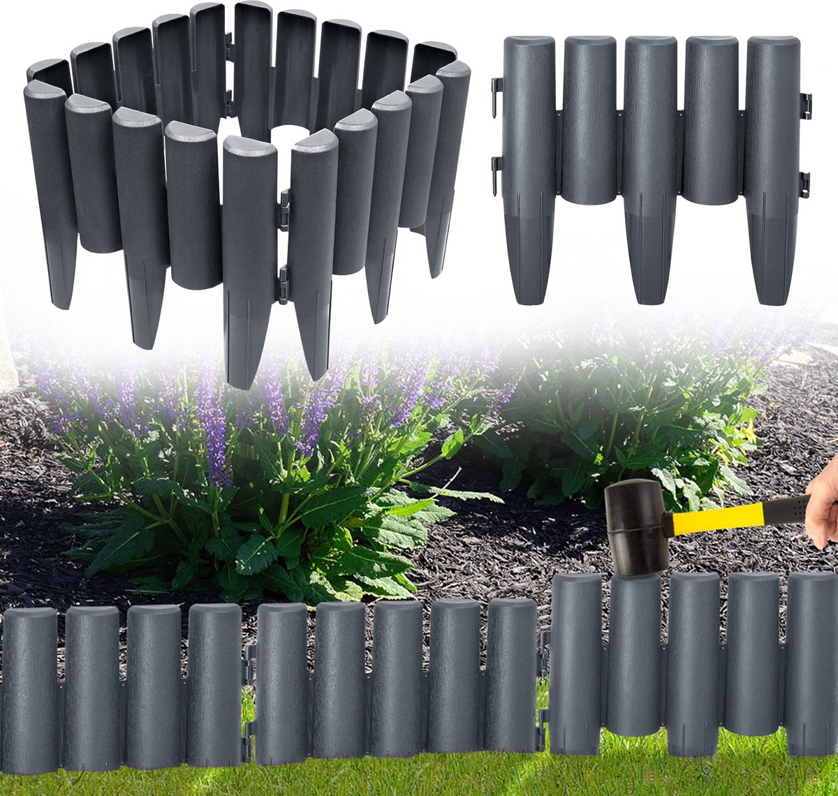 Aufun 2,8m Borderrand Kunststof tuinranding (beetinfassung) - Houtlook - Maaikant - 10 stuks decoratieve palisade randstenen - Antraciet