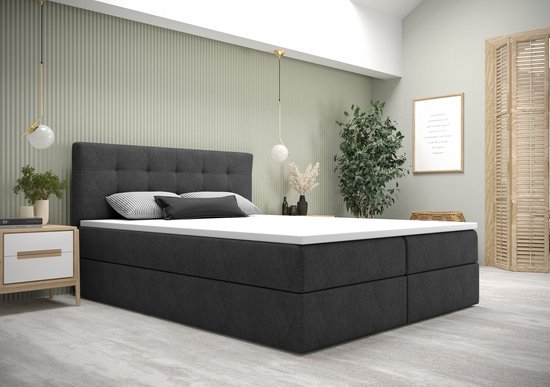 Opberg Boxspring Fenne - 140x200 - Antraciet - Inclusief Topper - Bed met Opbergruimte - Bonellvering tot 100 kg - Beddenbriljant