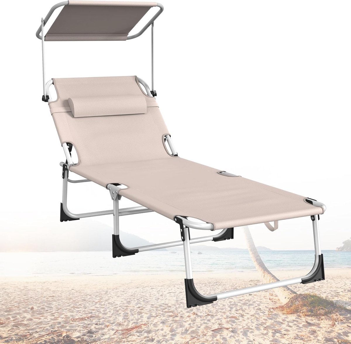 Aufun Khaki Ligstoel Tuin Met Zonnescherm Tuin Ligstoel Opvouwbaar Lichtgewicht Met Luifel Balkon Patio Ligstoel Strand Ligstoel Met Kussen Draagtassen Zij Zak