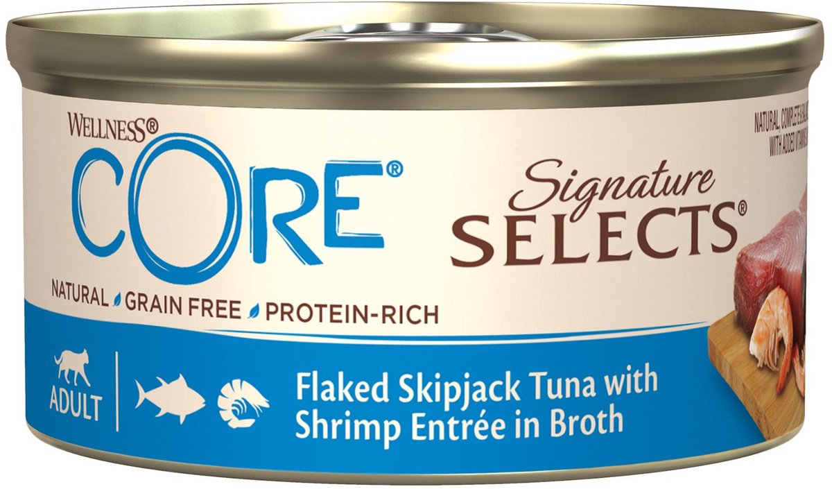 24x Wellness Core Kattenvoer Signature Selects Flaked Tonijn - Garnaal 79 gr