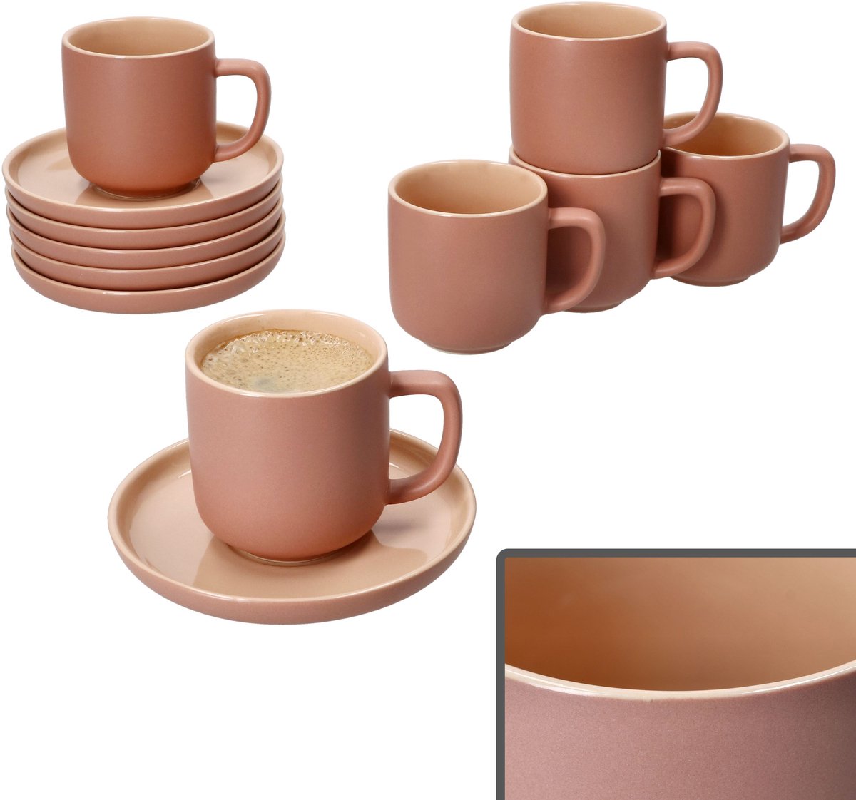 Set van 6 Jasper gepoederd aardewerk espressokop en -schotel - 6x 414479 + 6x 414493