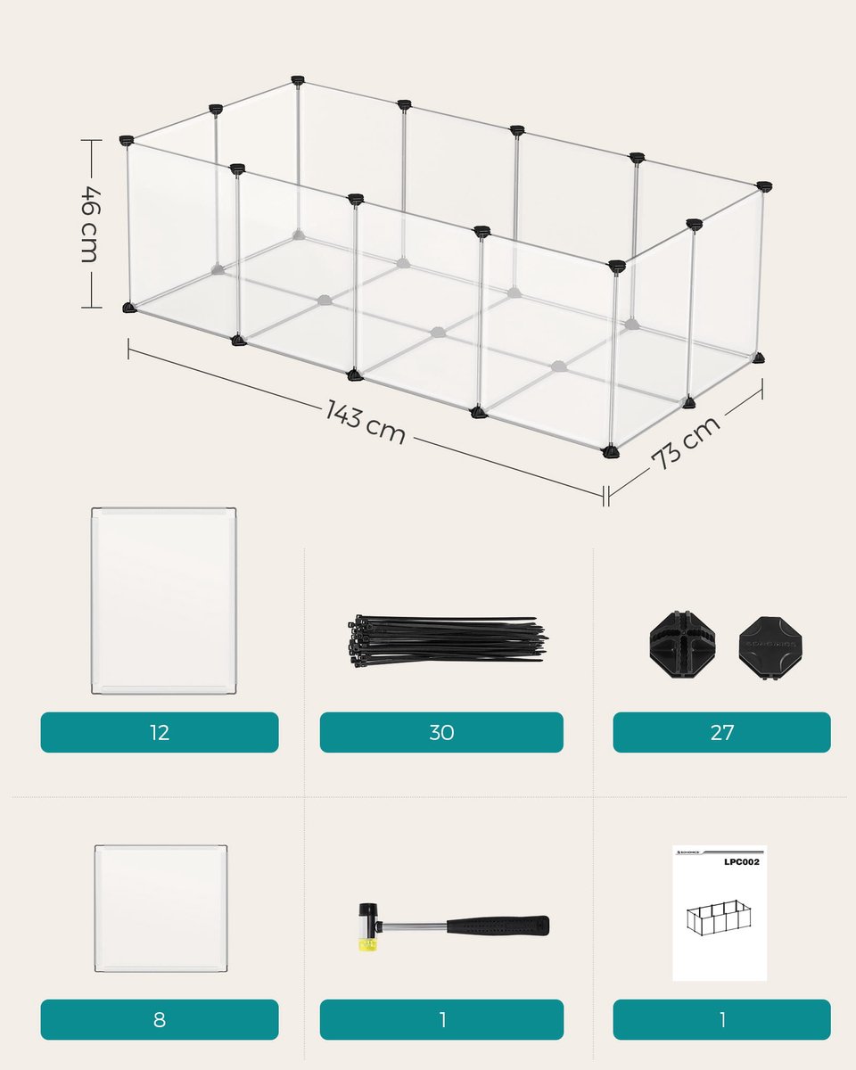 Knaagdierenren – Transparant – Modulair Huisdierenhek – Voor Konijn, Cavia, Hamster, Egel – Binnengebruik – 143x73x46 cm – Uitbreidbaar – Incl. Hamer & Kabelbinders thumbnail 6