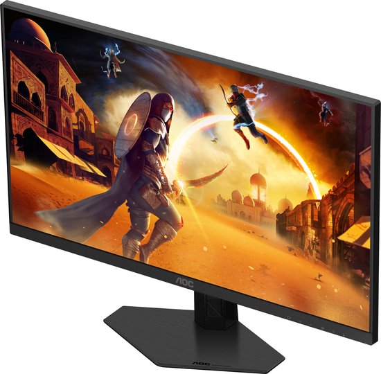 Zwarte AOC gaming monitor, weergave van een game met krijgers in een woestijnstad.