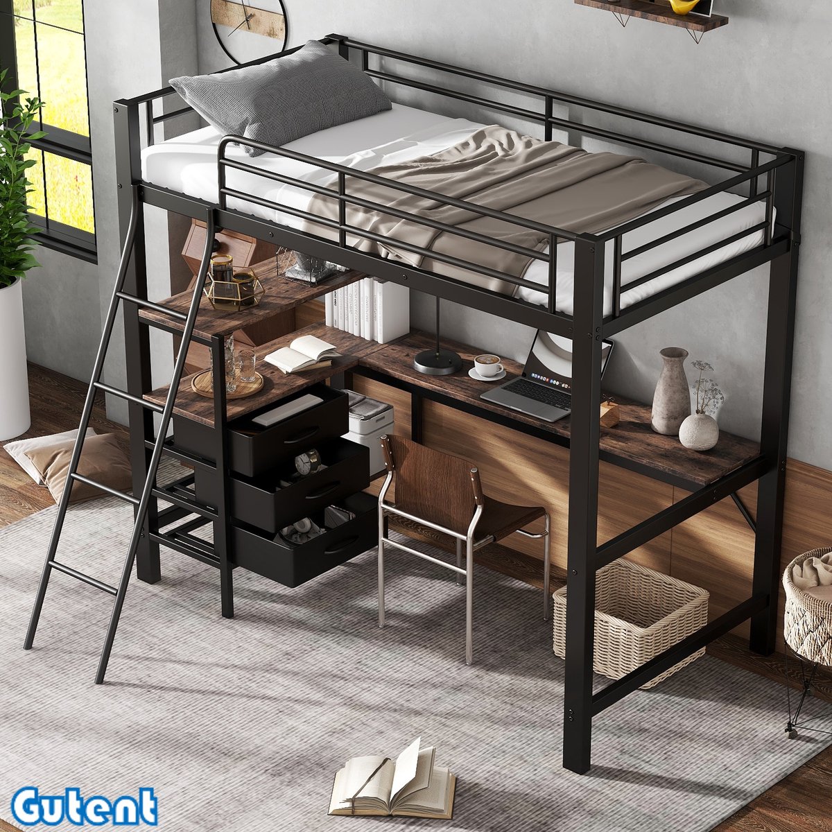 Gutent Hoogslaper - ijzeren bed - drie laden - met 2 m tafel - ijzer + spaanplaat-Zwart + Donker Notenhout - 90x200cm - Zonder matras