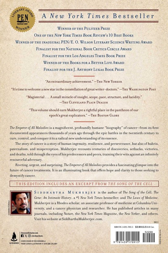 La quatrième de couverture du livre 'The Emperor of All Maladies' avec des critiques et une photo de l'auteur Siddhartha Mukherjee.