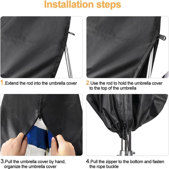 Installatiestappen voor de parasolhoes: stok invoegen, naar boven brengen, ritsen en vastmaken.