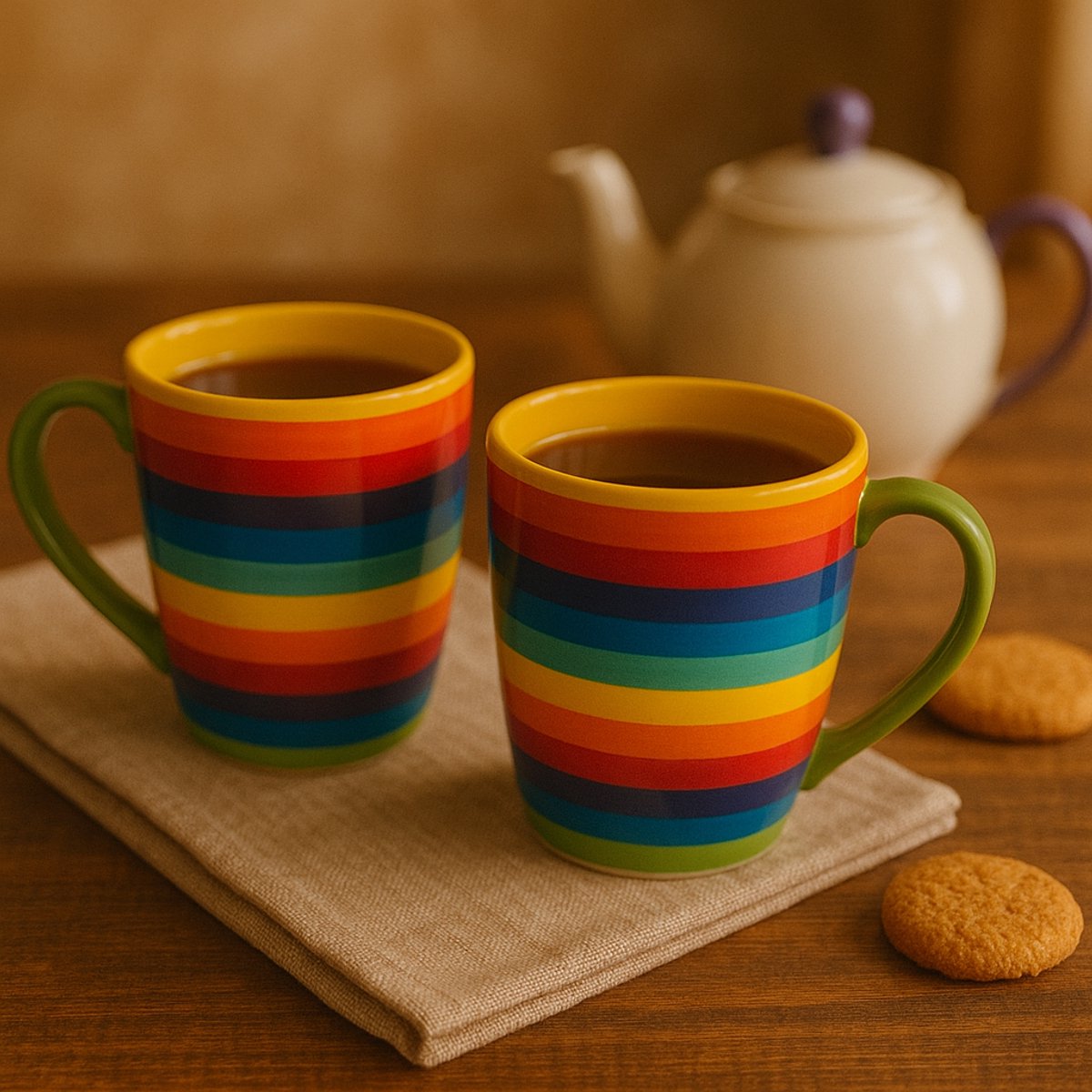 Mokken - Koffiekop - Theemok - Thee mokken - mokken set van 2 - Keramiek - Handgeschilderd - Regenboog gestreept