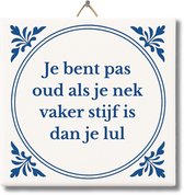 Wit Delfts blauw tegel met tekst 'Je bent pas oud als je nek vaker stijf is dan je lul'