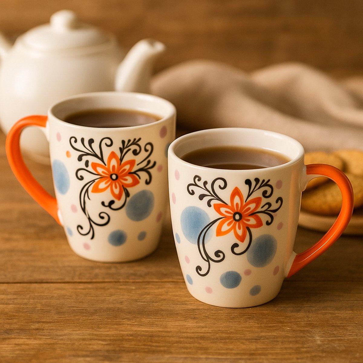 Mokken - Koffiekop - Theemok - Thee mokken - mokken set van 2 - Keramiek - Handgeschilderd - Paars en oranje