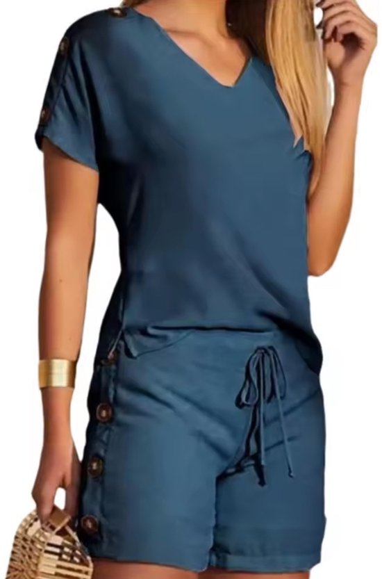 Tenue d'été moderne pour femme - 2 pièces - Short et chemise - Détails boutons - Blauw