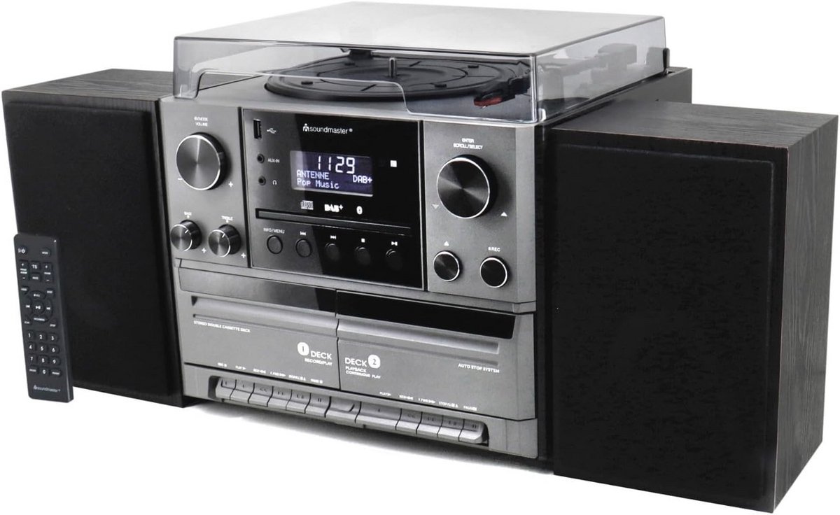 Stereo-installatie met platenspeler, DAB+ radio, CD-speler, USB, Bluetooth, en digitalisering
