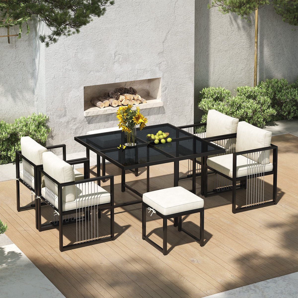 Sweiko Tuin Dining Loungeset - 7-Delig - Glazen Tafelblad - 4 Fauteuils + 2 Krukken - Met Kussens - Beige