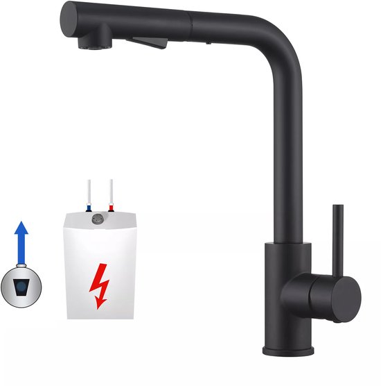 Keukenkraan - Met Uittrekbare Uitloop - Badkamer Kraan - Handdouche Met Slang - Uittrekbaar - Mengkraan - Zwart - RVS
