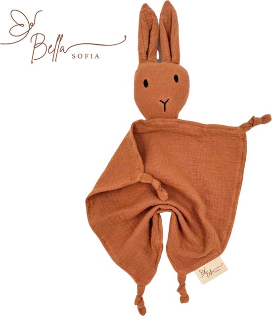 Bella Sofia® - Soof het Knuffelkonijn – Knuffeldoekje Bruin – Biologisch Katoenen Hydrofiel Speendoekje – Perfect Kraamcadeau – Babyshower Cadeau – Veilig Baby Speelgoed