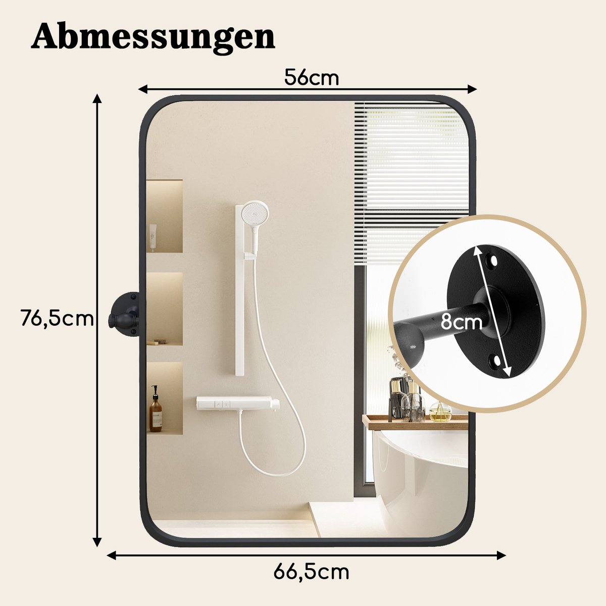 COSTWAY 76,5 x 56cm metalen ingelijste wandspiegel, kantelbare badkamerspiegel met wandhouder, rechthoekige decoratiespiegel, zwart, voor badkamer, woonkamer en woondecoratie