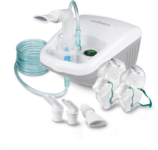 Medisana inhalator met groene slang, masker en mondstukken.