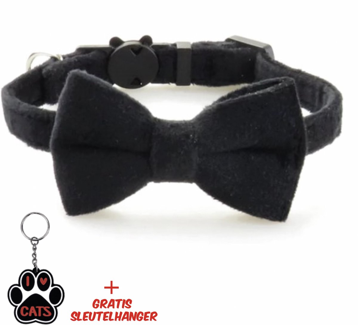 SilverAndCoco® - Katten Velvet Halsband met Strik en Bel met Gratis Sleutelhanger | Kerst Kat Kitten Versiering | Suède Vlinderstrik Strikje Hond Honden | Kattenhalsband Kleding Decoratie Pakket | Zwarte Feest Set Huisdier Cadeau Cadeautje - Zwart