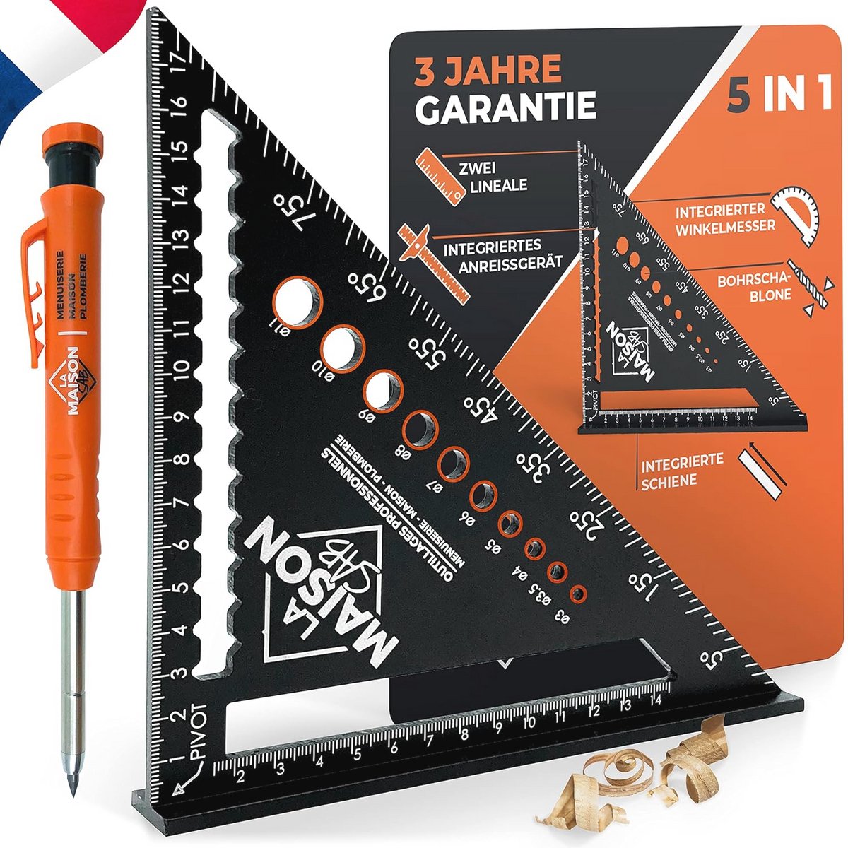 Uitgebreide FR Multifunctionele Winkelhaak 180 mm – Aluminium Blokhaak Met Vulpotlood & Handleiding | 45° & 90° Hoekmeter voor Houtbewerking & Klussen