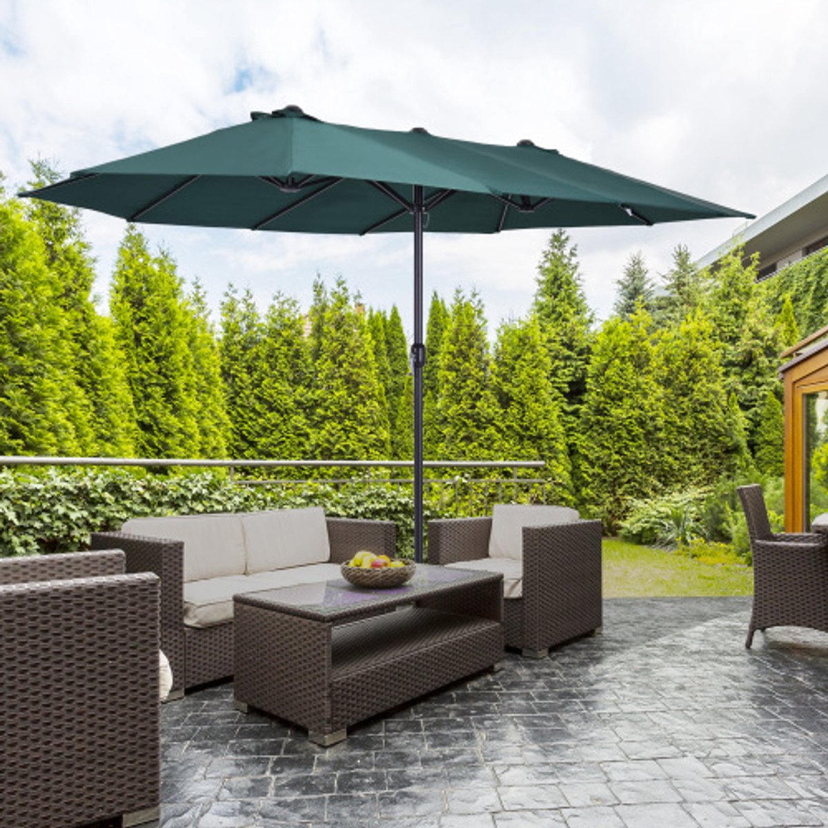 Balkonparasol, 460 x 270 x 241 cm, Ø2,7 m, met kruisvoet, gewicht, handslinger, hoge stabiliteit, polyester, ABS, donkergroen