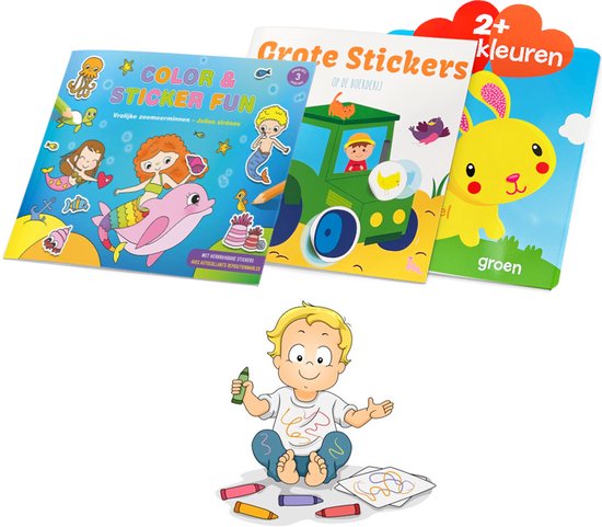 3 kleurboeken / stickerboeken voordeelpakket - Voor kinderen van 2 jaar en 3 jaar - Eerste kleurboek voor peuters met extra grote stickers - Boerderij en dieren - Kleuren leren - Cadeau jongen / meisje - Tekenen - Doeboeken