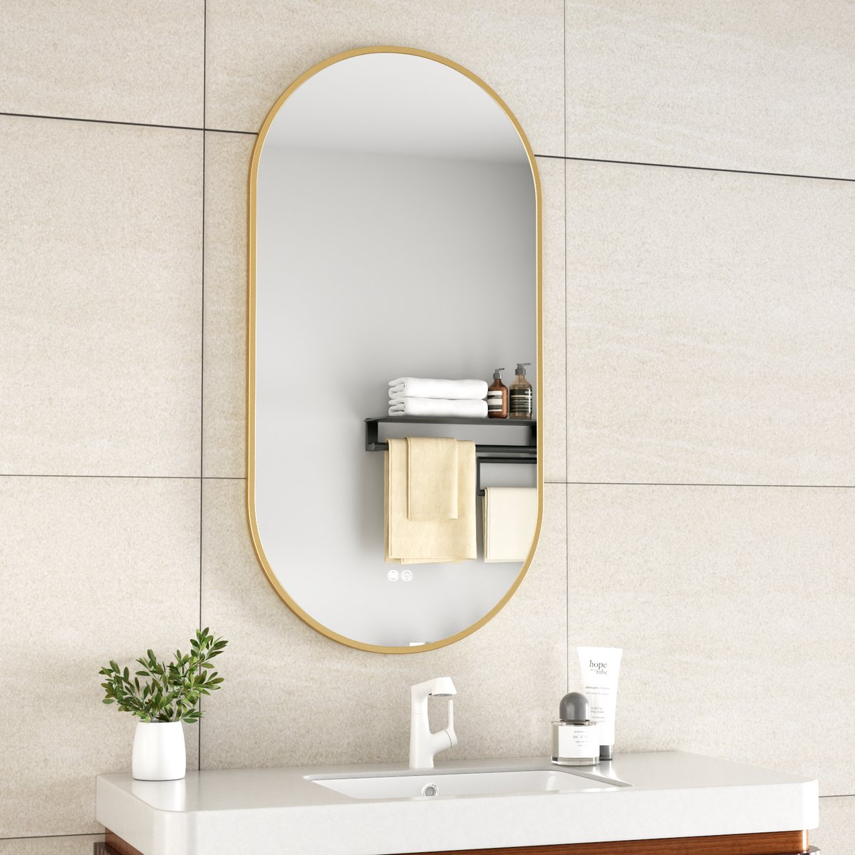 ERFU Ovale Badkamerspiegel 50x100 cm in Koperkleur: Luxe, Verwarming en Dimbare LED Verlichting