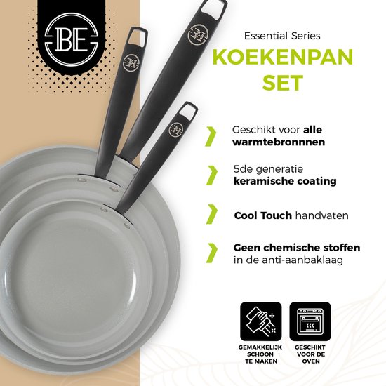 BE Living Essential Series koekenpannenset met grijze koekenpannen.