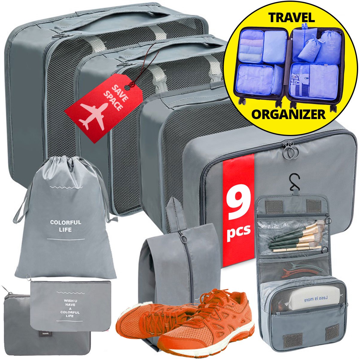 GMR Packing Cubes Set | 9 Delig | Koffer & Reistas Organizers voor Kleding, Schoenen, Backpack & Beauty - Koffer Organizer Set - Inclusief Cosmetica Tas & Etui - Grijs