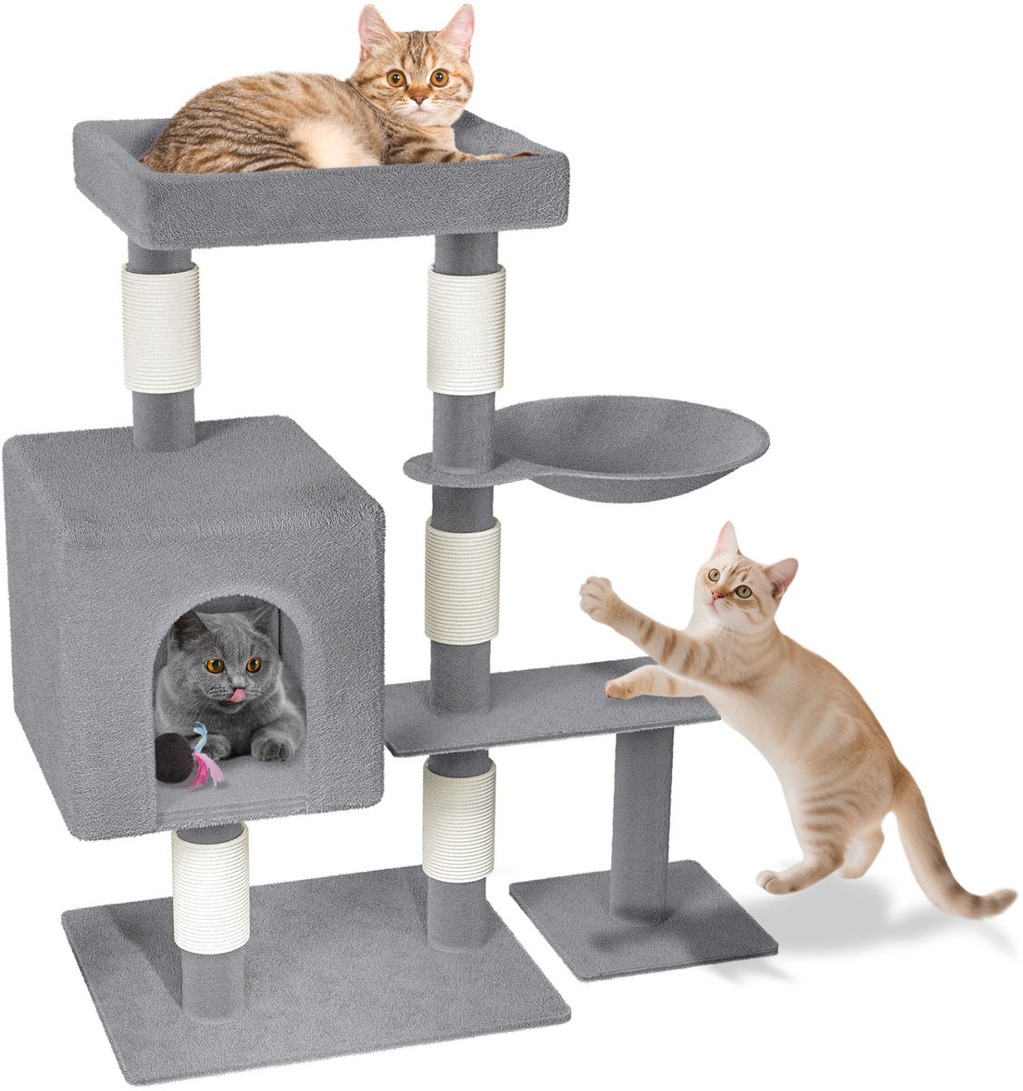 Aufun Kattenboom Krabpaal Kattenkrabpaal voor Katten, Klimboom met hangmat en speelopties kattenstal Speelhuis Krabpalen, 49x40.5x92.5cm, Lichtgrijs