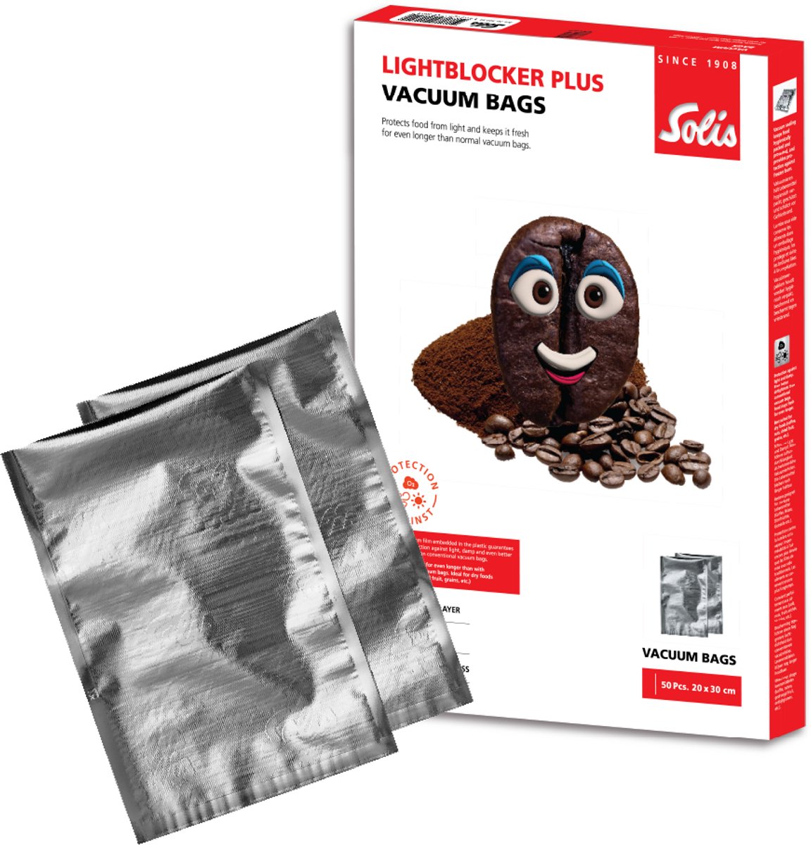 Solis LightBlocker Plus Vacuumzakken Voedsel 20 x 30 cm - Geschikt voor Diepvries, Magnetron en Sous Vide Koken - Beschermt tegen Licht, Lucht en Stoom - BPA-Vrij - Vacumeerzakken - Vacuum Opbergzakken - 50 Stuks