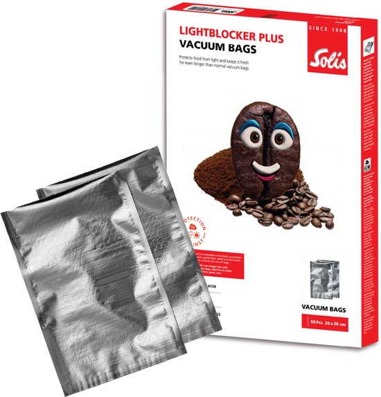 Emballage de sacs sous vide Solis LightBlocker Plus avec deux sacs sous vide argentés à côté.