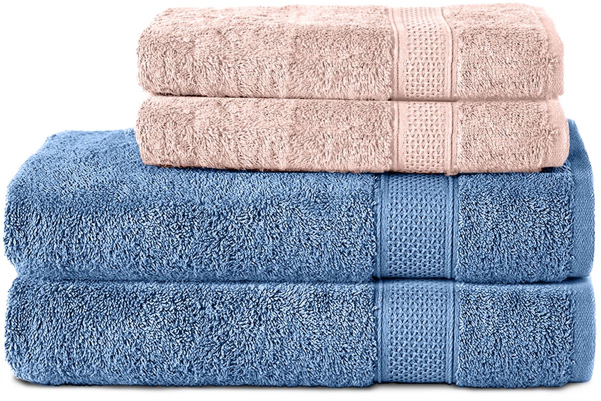 Komfortec Handdoekenset 2x handdoek 50x100 cm + 2x badhanddoek 70x140 cm - 100% Katoen - Lichtblauw&Roze