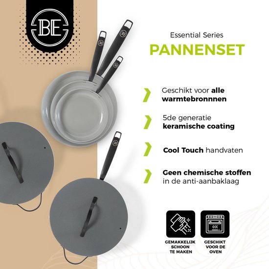 Grijze koekenpannen gestapeld, met twee grote grijze pannen met deksel ernaast. "Essential Series PANNENSET" is zichtbaar.