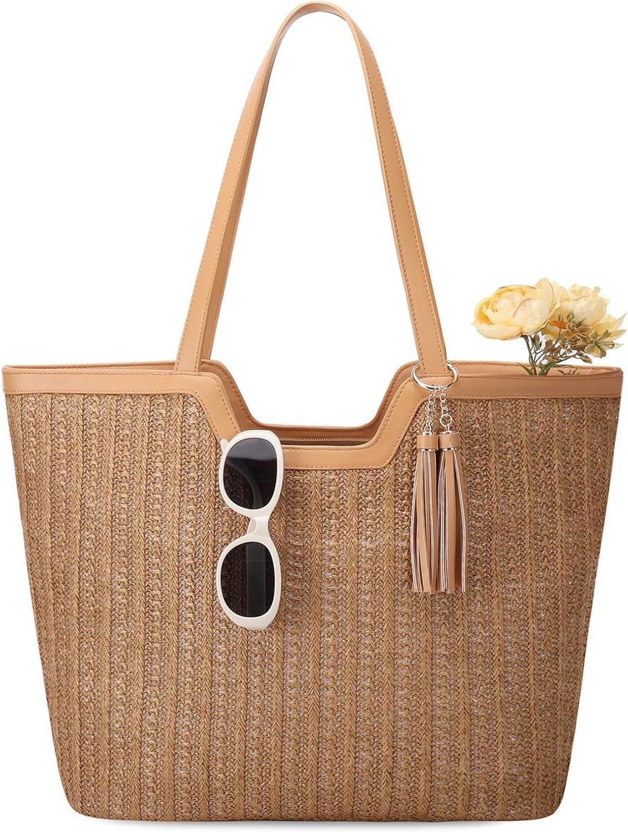 Grote Strandtas Straw Tote bag met Rits voor Strand Reizen Zwembad Winkelen