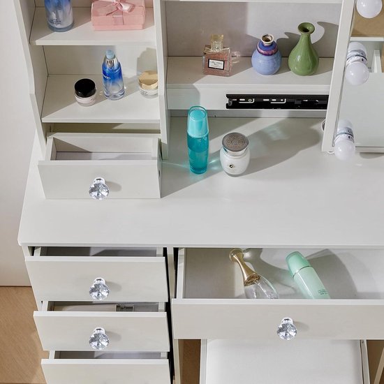 Puselo Make-uptafel met verlichting en spiegel, make-uptafel met 6 laden, 6 planken en 1 kruk, 80 x 36 x 130 cm, moderne kaptafel voor slaapkamer