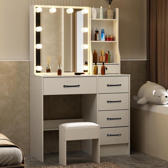 Kaptafel met Spiegel en Verlichting, Kaptafel met Spiegel, Cosmeticatafel met 2 Laden en 4 Open Planken, Make-up Tafel for Slaapkamer Gemaakt van Hout, 2 Kleuren (Color : Warm white, Size : A