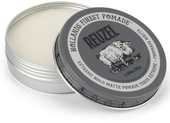 Reuzel Extreme Hold Matte Pomade blik met open deksel. Grijs met een zwart varken erop.