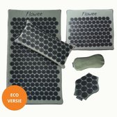 Flowee Relaxset PRO - Spijkermat ECO, spijkerkussen, spijkermat klein, spijkermat massagehand & Oogkussen - Groen met grijs - Vulling Kokosvezels & Boekweitkaf & Lavendel (77x45+22x44cm) - Acupressuur Mat - Spijkerbed - Shakti - Vijf jaar Garantie