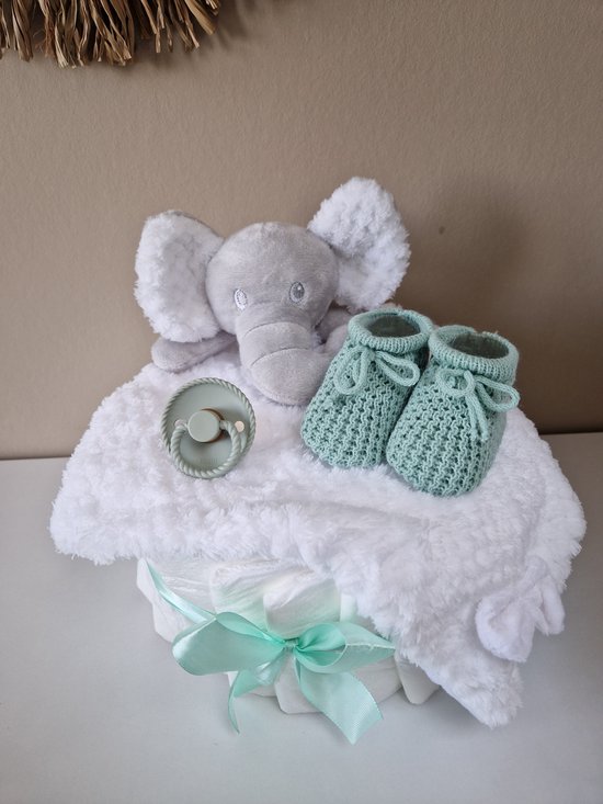 Luiertaart small olifant neutraal - babyshower - kraamcadeau van Luiertaart — afbeelding 2