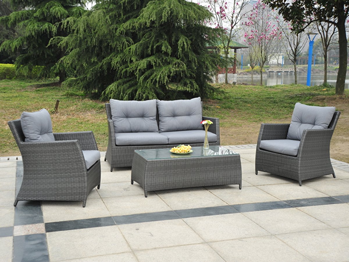 Loungeset 4 delig - Grijs wicker met grijze kussens - Tweezitsbank met 2 stoelen en 1 tafel