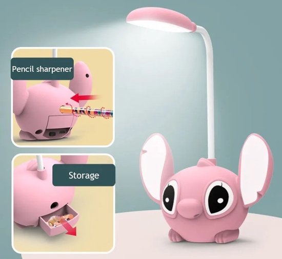 Kinder Bureaulamp | LED Nachtlampje | USB Oplaadbaar | Met Pennenslijper & Opberglade | Roze