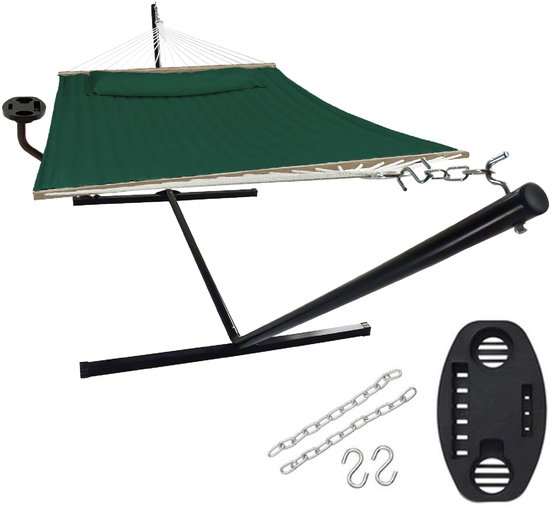 Vita5 Hangmat met Standaard en Spreidstok – 2 Persoons – incl. Bekerhouder - Afneembaar kussen – uv-bestendig – Groen