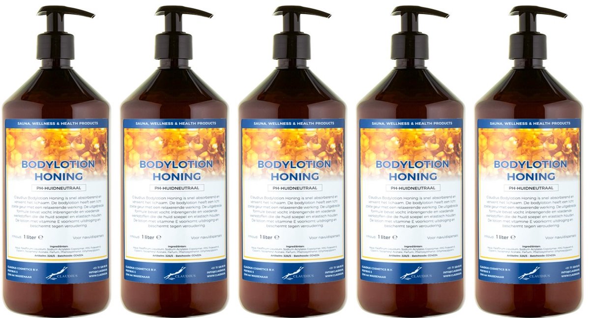 Bodylotion Honing 1 Liter - met gratis pomp - set van 5 stuks - Voordeelverpakking