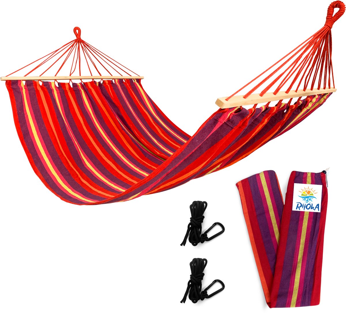 Rijoka Hangmat Large met Spreidstok- 200x140cm – Rood Gestreept – 1 Persoons – Incl. 2 Haken, Touw én Opbergzak - Rood