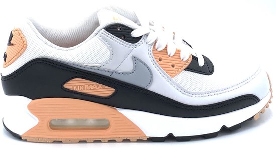Nike Air Max 90 sneaker voor dames met witte, zwarte, grijze en perzikaccenten.