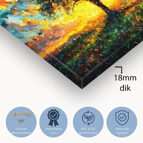 Close-up van een schilderij van een boom bij zonsondergang, met de dikte en ophangdetails.
