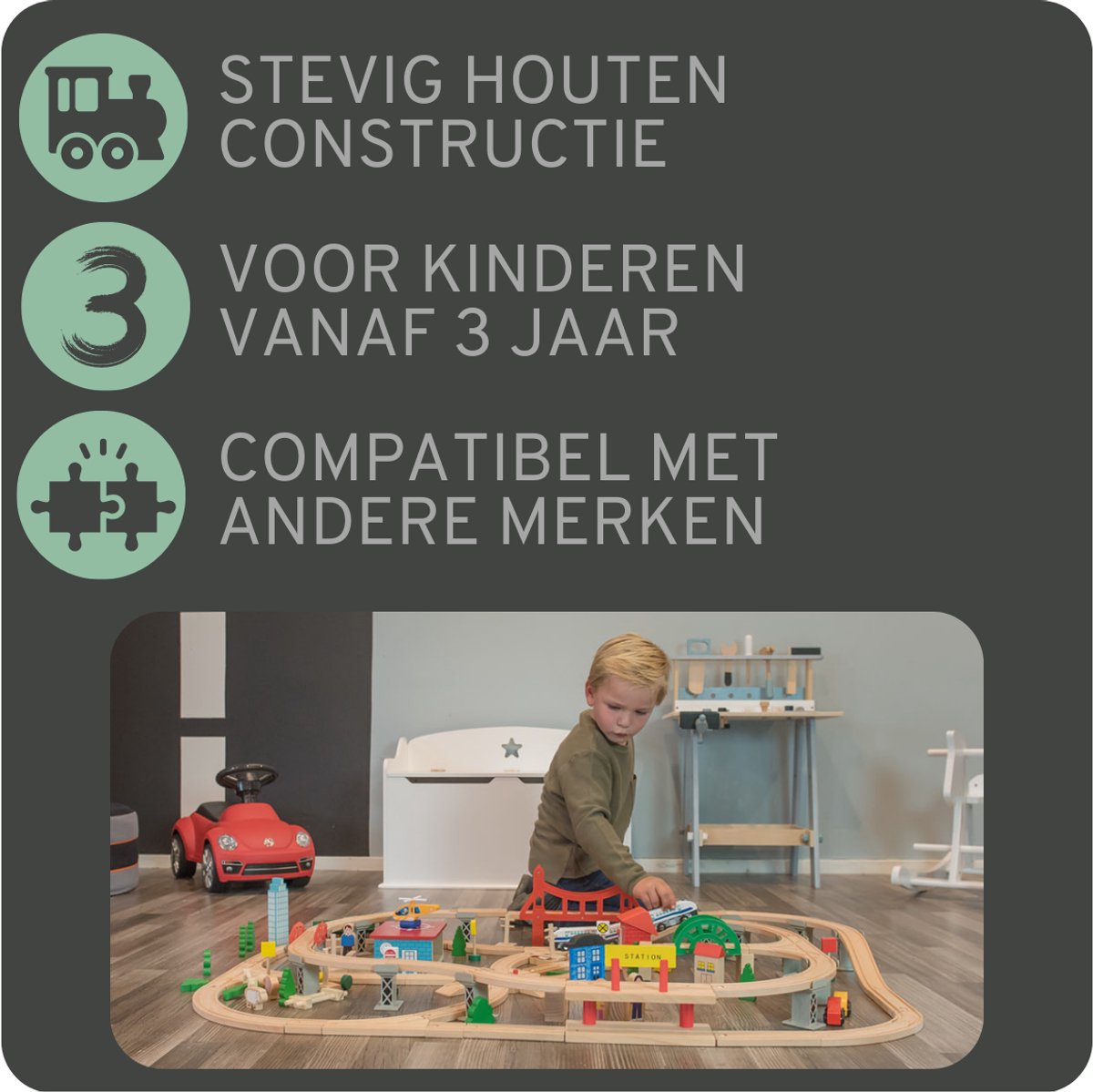 Bandits & Angels Houten Treinset 130 delig met Treinstation vanaf 3 Jaar voor Jongens en Meisjes - Trein Set met 130 delen en 2 Treinen van Hout - Treinbaan voor Kinderen met Accessoires — afbeelding 3