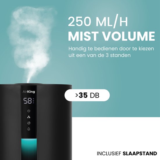 Zwarte AirKing luchtbevochtiger met 250 ML/H mist volume en slaapstand.