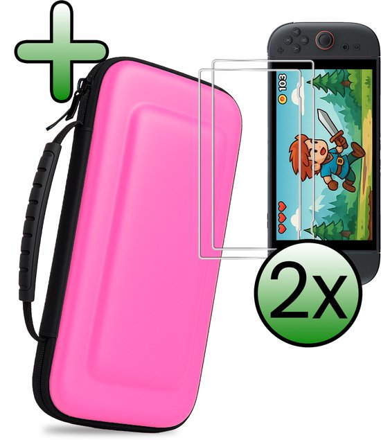 Roze hoes met 2 screenprotectors en Nintendo Switch.