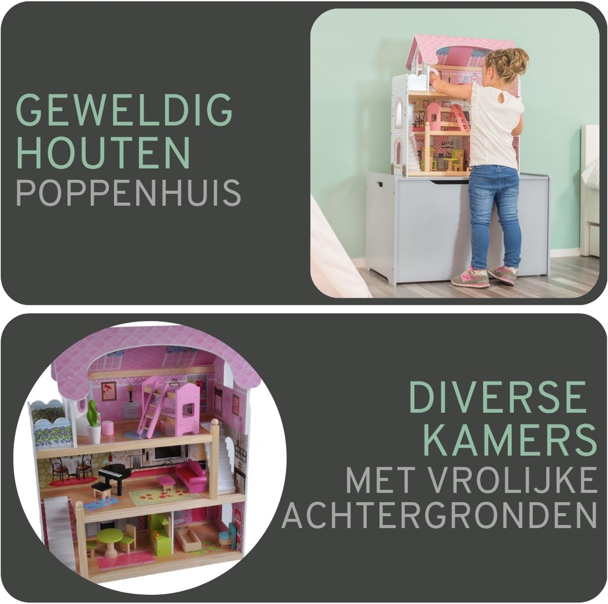 Bandits & Angels Houten Poppenhuis Roze Angels Villa vanaf 3 jaar 70 cm hoog - Inclusief 15 meubeltjes - Poppen Huis - Poppen Speelgoed — afbeelding 5